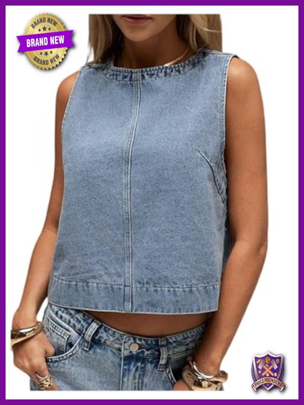 Denim Vest Tank Top Sleeveless Round Neck Zipper Back Loose Fit